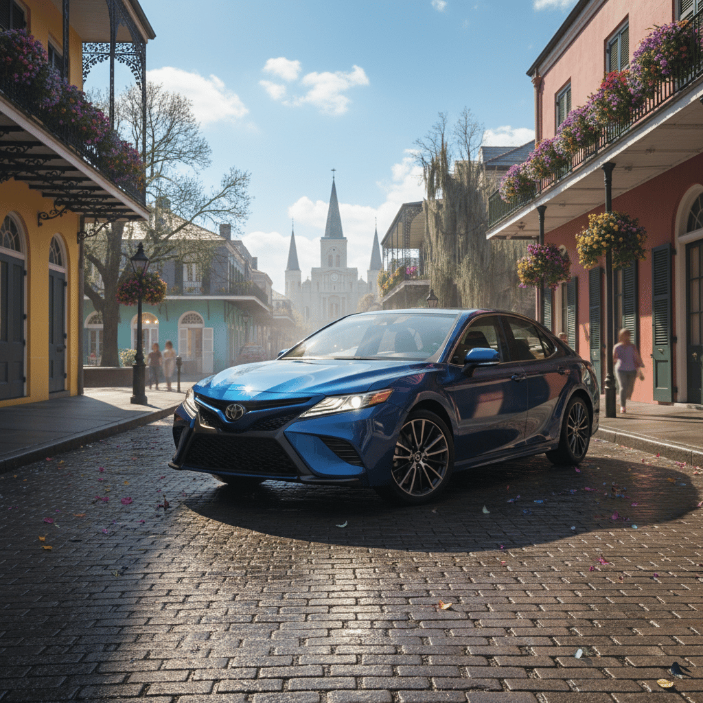 A modern car on a street in the French Quarter of New Orleans at dusk.
